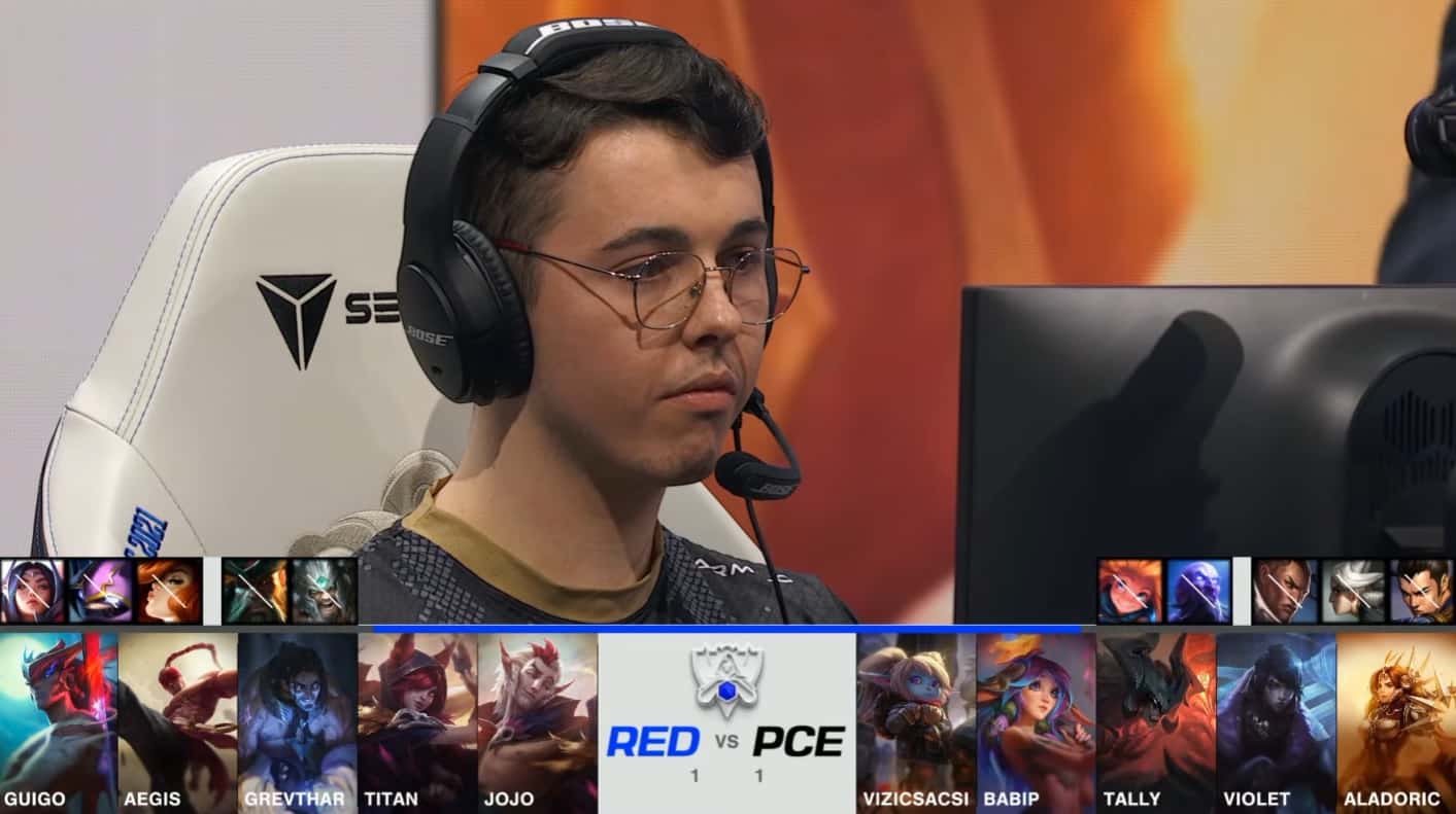 A screenshot from the 2021 World Championship Play-in Knockouts broadcast, showing the Game Three drafts between PEACE and RED Canids with a shot of PCE Tally above.