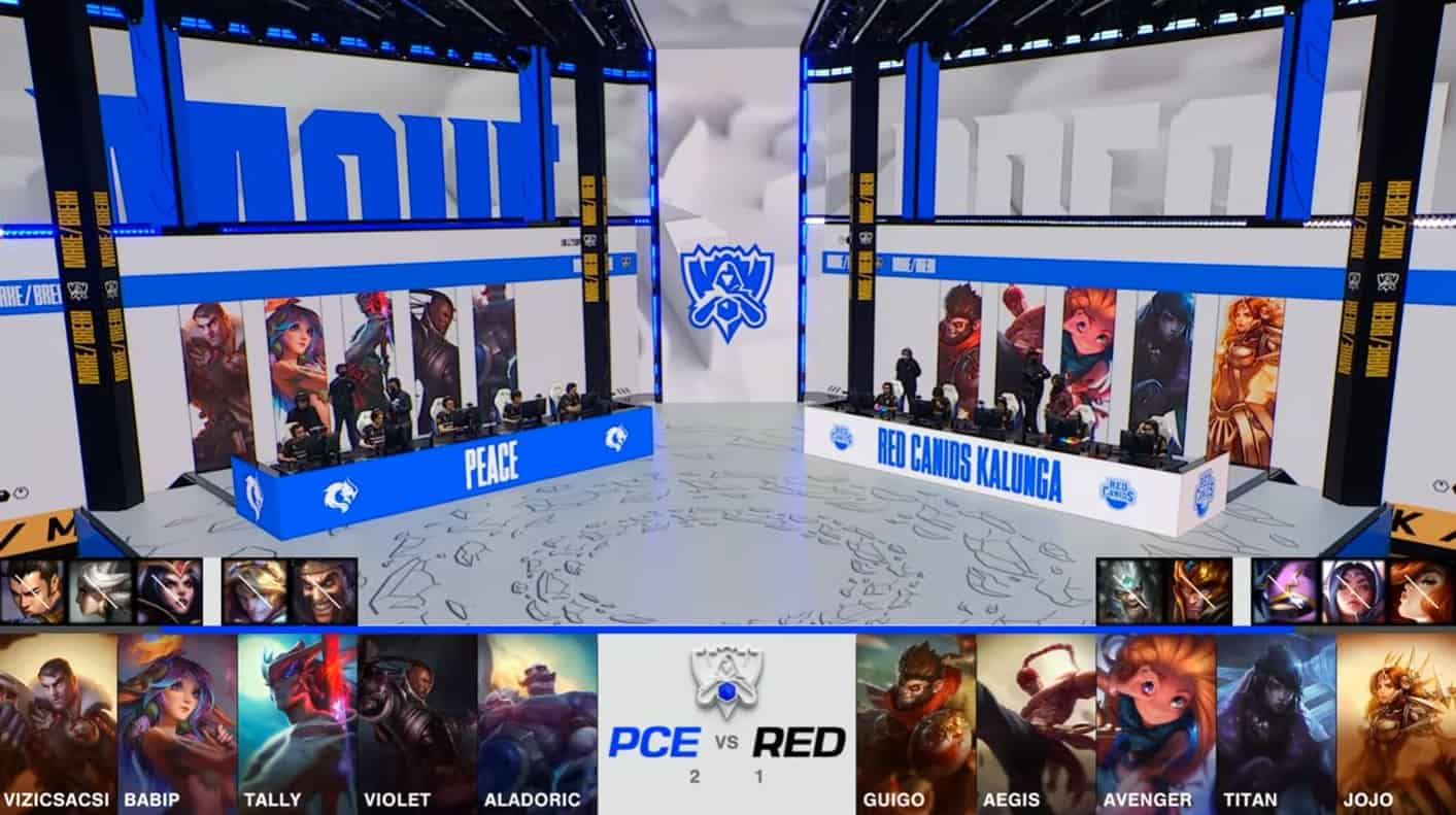 A screenshot from the 2021 World Championship Play-in Knockouts broadcast, showing the Game Four drafts between PEACE and RED Canids with a shot of the two teams on the Worlds 2021 stage above.