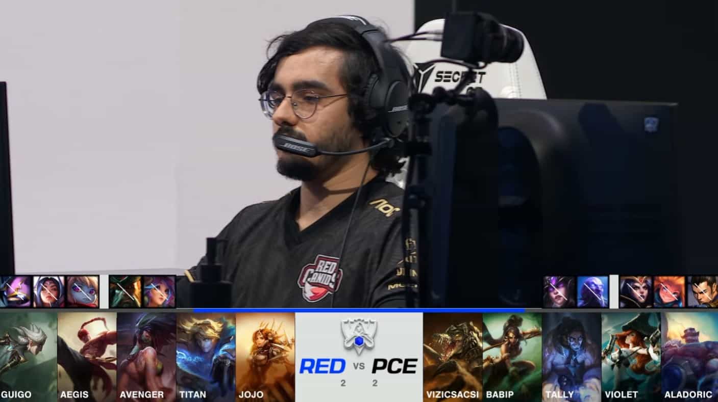 A screenshot from the 2021 World Championship Play-in Knockouts broadcast, showing the Game Five drafts between PEACE and RED Canids with a shot of RED Guigo above.