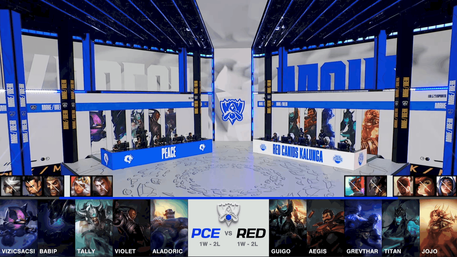 A screenshot from the 2021 World Championship Play-ins broadcast, showing the drafts between PEACE and RED Canids with a shot of the Worlds 2021 stage in the middle.
