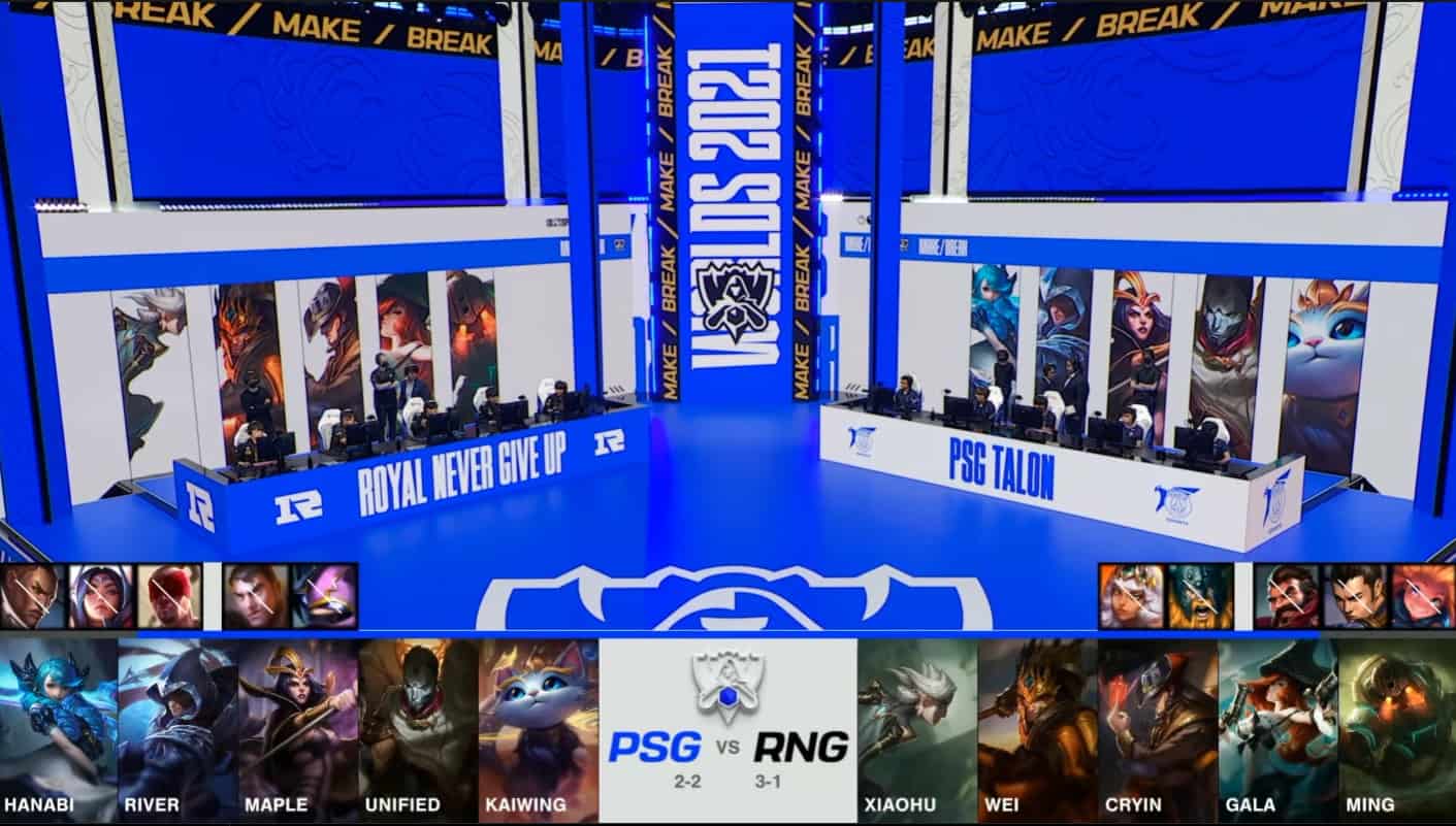 A screenshot from the 2021 World Championship Main Event Group Stage broadcast, showing the champion drafts between PSG Talon and Royal Never Give Up with a shot of PSG and RNG on the Worlds 2021 stage above.