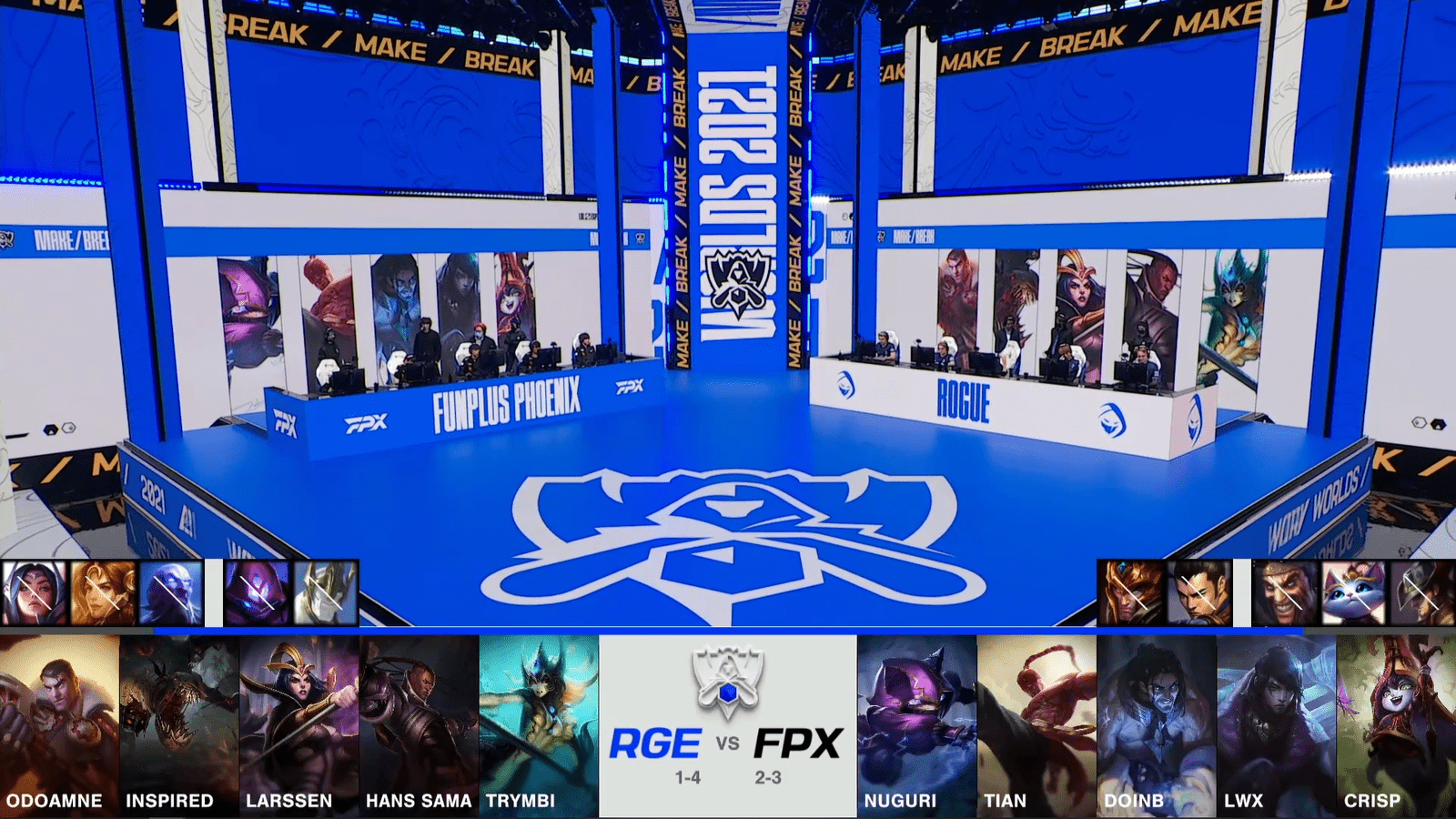 A screenshot from the 2021 World Championship Main Event Group Stage broadcast, showing the champion drafts between Rogue and FunPlus Phoenix with a shot of FPX and RGE on the Worlds 2021 stage above.