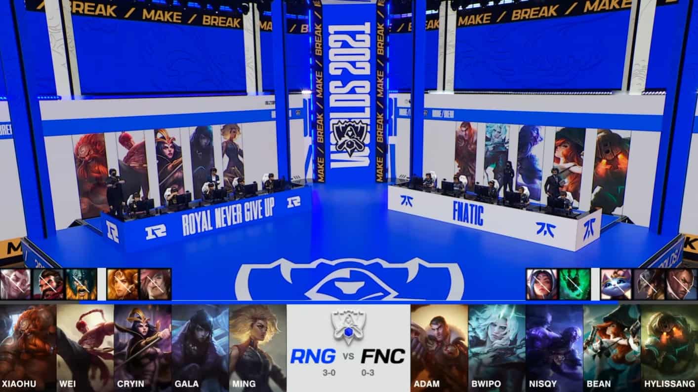 A screenshot from the 2021 World Championship Main Event Group Stage broadcast, showing the champion drafts between Royal Never Give Up and Fnatic with a shot of RNG and FNC on the Worlds 2021 stage above.
