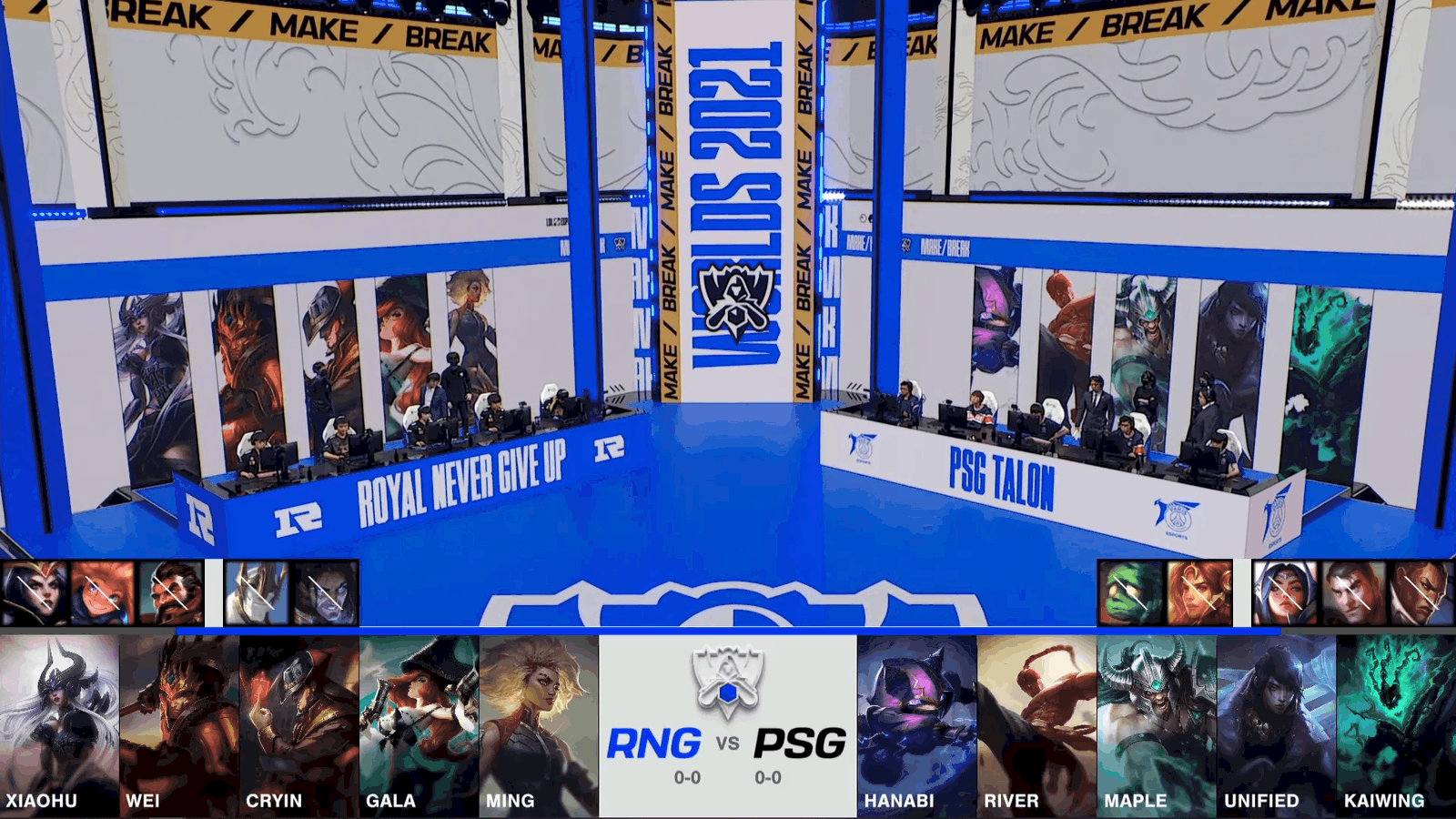 A screenshot from the 2021 World Championship Main Event Group Stage broadcast, showing the champion drafts between Royal Never Give Up and PSG.Talon with a shot of RNG and PSG on the Worlds 2021 stage above.