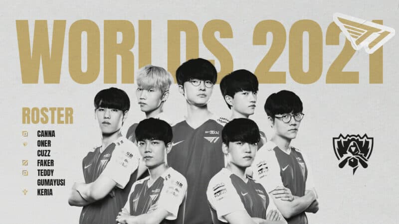 A collage of the T1 LCK roster of Canna, Oner, Cuzz, Faker, Teddy, Gumayusi and Keria appear with the words "Worlds 2021" above them and an LoL Esports logo to the side.