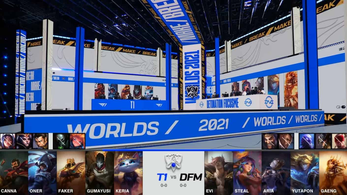 A screenshot from the 2021 World Championship Main Event Group Stage broadcast, showing the champion drafts between DetonatioN FocusMe and T1 with a shot of T1 and DFM on the Worlds 2021 stage above.