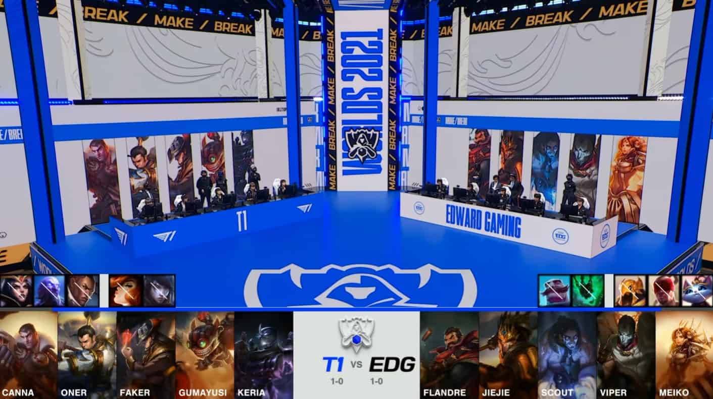 A screenshot from the 2021 World Championship Main Event Group Stage broadcast, showing the champion drafts between Edward Gaming and T1 with a shot of T1 and EDG on the Worlds 2021 stage above.