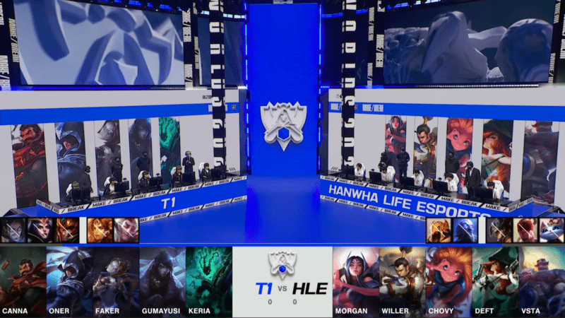 A screenshot from the 2021 World Championship Main Event Quarterfinals broadcast, showing the Game One champion drafts between Hanwha Life and T1 with a shot of T1 and HLE on the Worlds 2021 stage above.