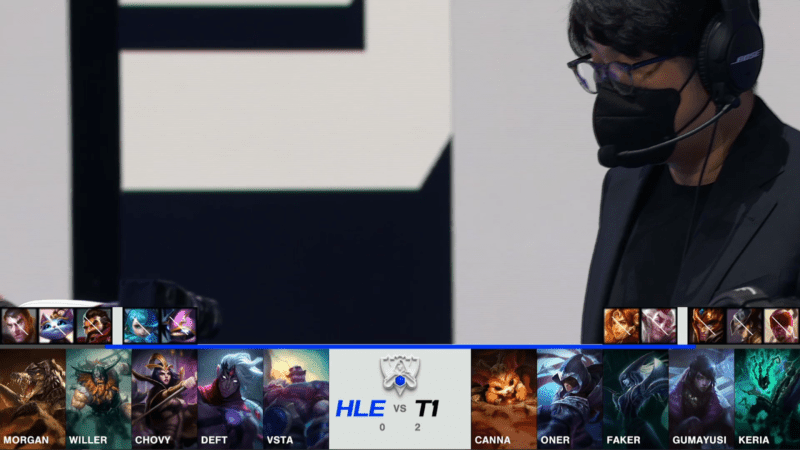 A screenshot from the 2021 World Championship Main Event Quarterfinals broadcast, showing the Game Three champion drafts between Hanwha Life and T1 with a shot of HLE coach Son "Kezman" Dae-young above.