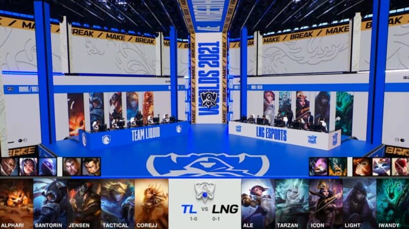 A screenshot from the 2021 World Championship Main Event Group Stage broadcast, showing the champion drafts between Team Liquid vs LNG Esports with a shot of TL and LNG on the Worlds 2021 stage above.