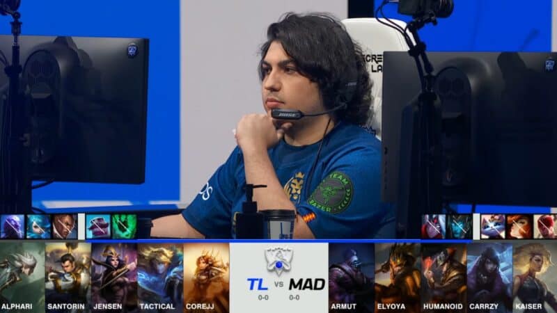 A screenshot from the 2021 World Championship Main Event Group Stage broadcast, showing the champion drafts between Team Liquid and MAD Lions with a shot of MAD Armut above.