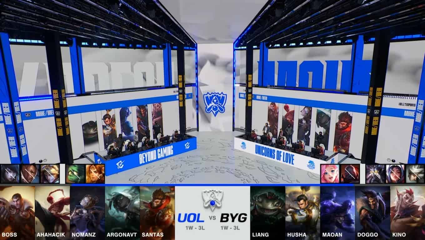 A screenshot from the 2021 World Championship Play-ins broadcast, showing the drafts between Beyond Gaming and Unicorns of Love with a shot of the teams on the Worlds 2021 stage in the middle.