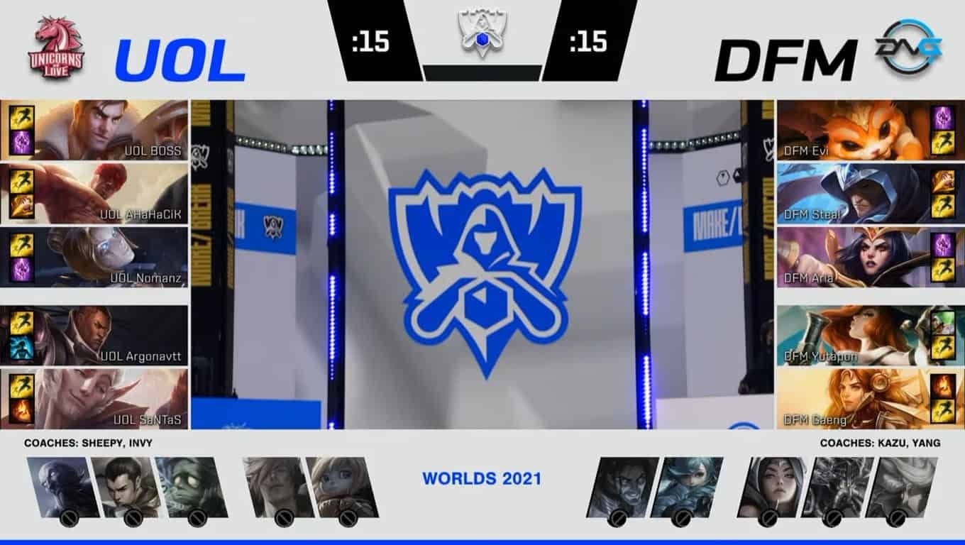 A screenshot from the 2021 World Championship Play-ins broadcast, showing the drafts between Unicorns of Love and DetonatioN FocusMe with a shot of the LoL Esports logo in the middle.