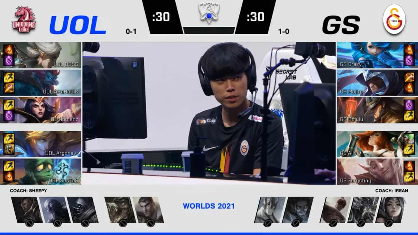 A screenshot from the 2021 World Championship Play-ins broadcast, showing the drafts between Unicorns of Love and Galatasaray Esports with a shot of Kim "Crazy" Jae-hee in the middle.