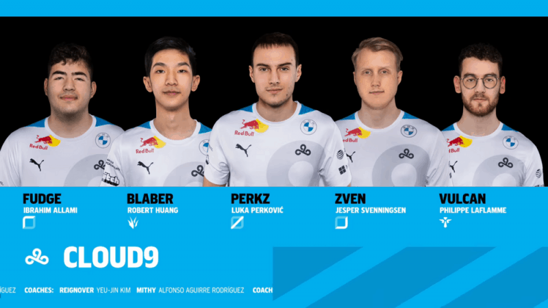 The 2021 Cloud9 LCS roster of Fudge, Blaber, Perkz, Zven and Vulcan appear with their names under them and a C9 logo below.