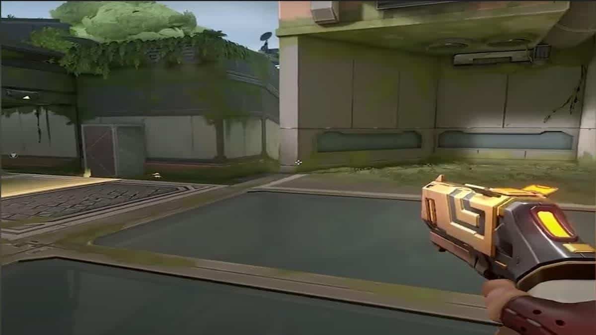 A first person view of Valorant agent Chamber's Headhunter heavy pistol.