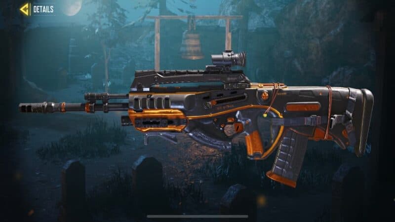 The Swordfish burst assault rifle with the MK2 camo from Call of Duty Mobile appears on a dark graveyard background.