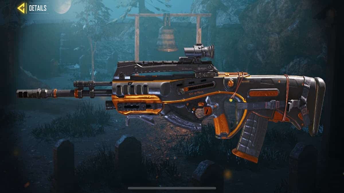 The Swordfish burst assault rifle with the MK2 camo from Call of Duty Mobile appears on a dark graveyard background.