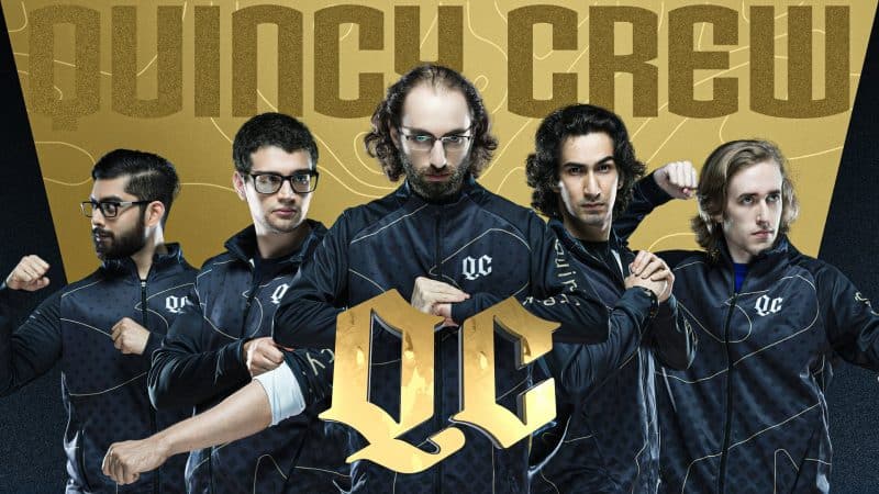 The roster of Quincy Crew stand in matching team jackets, a golden version of their team logo appears infront of them
