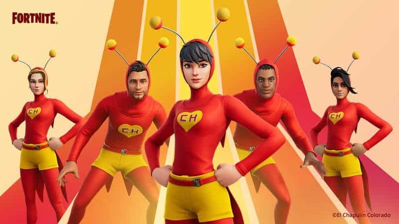 Five different Fortnite characters pose together with El Chapulin Colorado costume skins on.