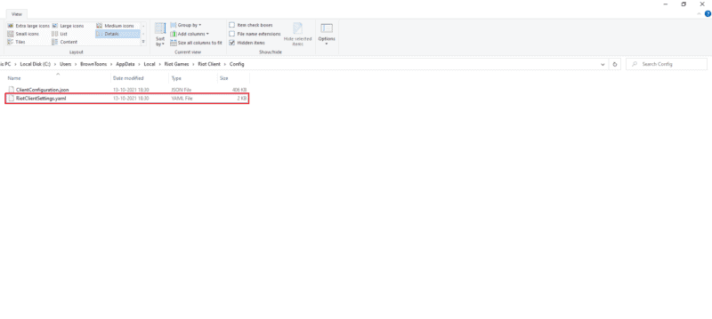 A computer's file folder, highlighting the RiotClientSettings.yaml file
