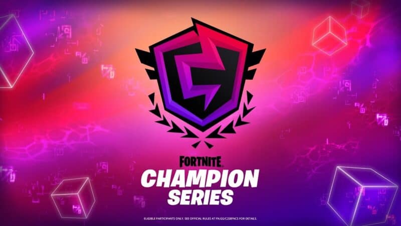 The FNCS shield logo appears in purple and pink against a gradient background with small cubes scattered around. The words "Fortnite Champion Series" in white and black