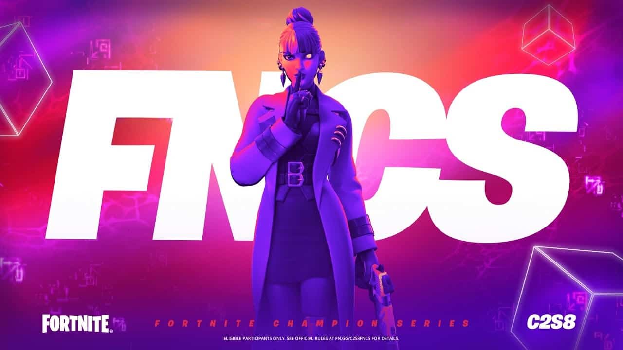 The Fortnite character, Kor, stands with her finger pressed against her lips in front of the letters FNCS in bold white font against a purple, pink and orange background