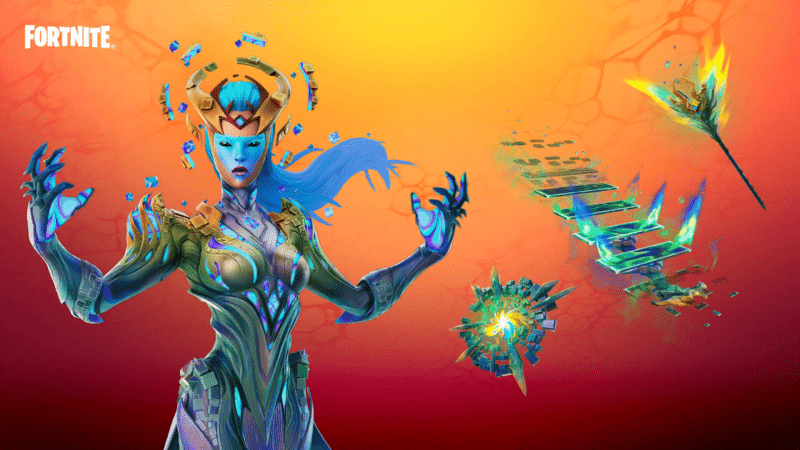 The Obliterator variant of the Cubed Queen outfit and scythe, featuring a green and yellow color scheme
