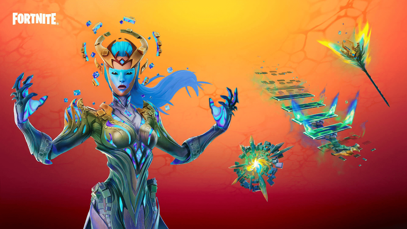 The Obliterator variant of the Cubed Queen outfit and scythe, featuring a green and yellow color scheme