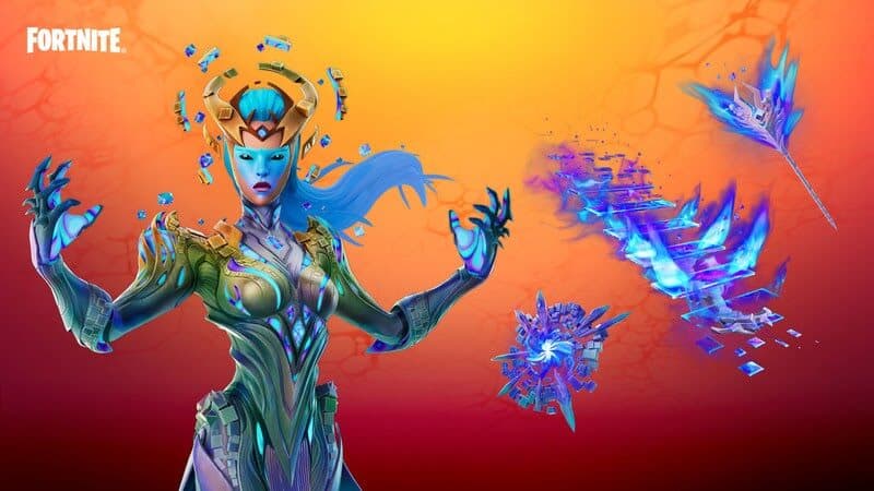 The Cubed Queen outfit, featuring bright neon blue and purple weaponry