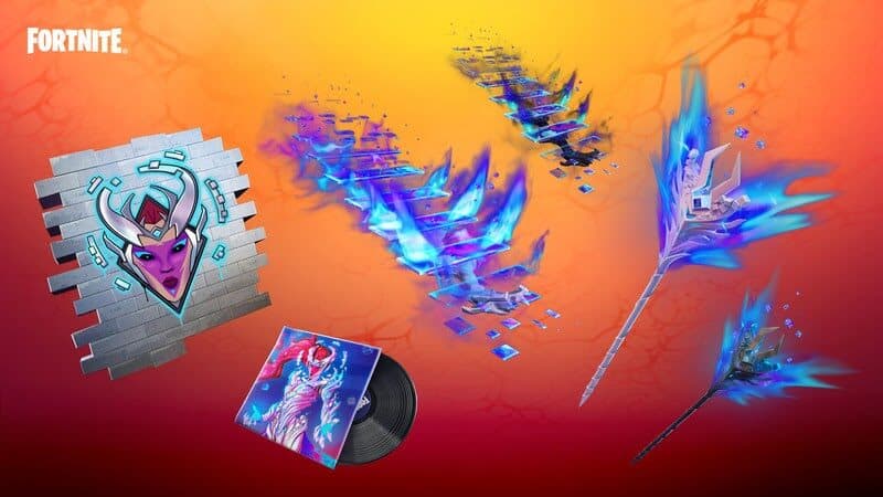 Some of the cosmetics and rewards available in the Cubed Queen set including the Cubic Vortex Back Bling and the Reality Render Pickaxe