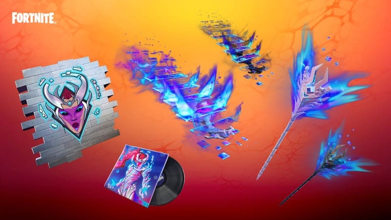 Some of the cosmetics and rewards available in the Cubed Queen set including the Cubic Vortex Back Bling and the Reality Render Pickaxe 