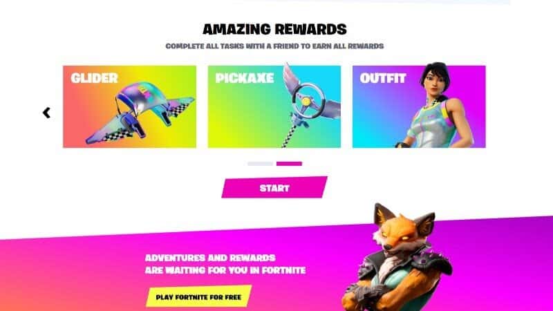 The rewards available through the Fortnite Refer-A-Friend promo including the Miridescent Wrap and Rainbow Racer Cosmetic Outfit