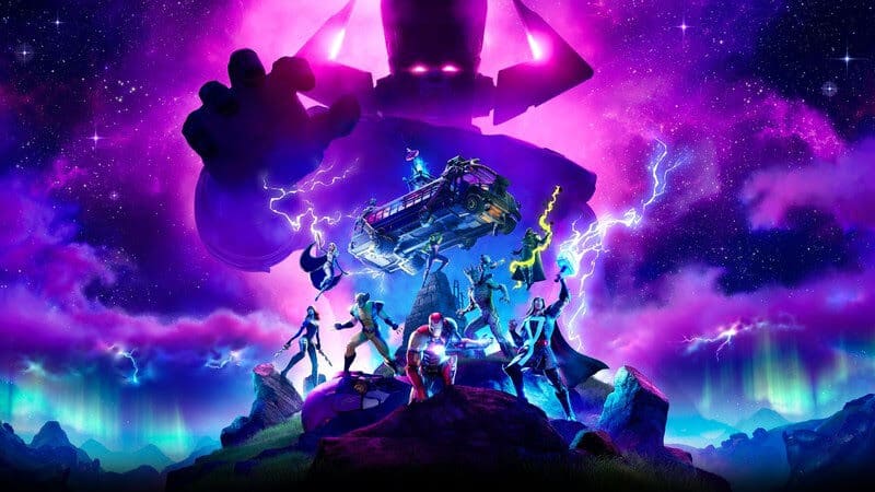 A variety of Marvel superheroes in Fortnite pose with a menacing, massive figure in the background shrouded in lighting and black clouds.
