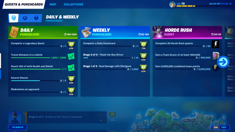 A screenshot from the Fortnite game client displaying the current challenges and quests.