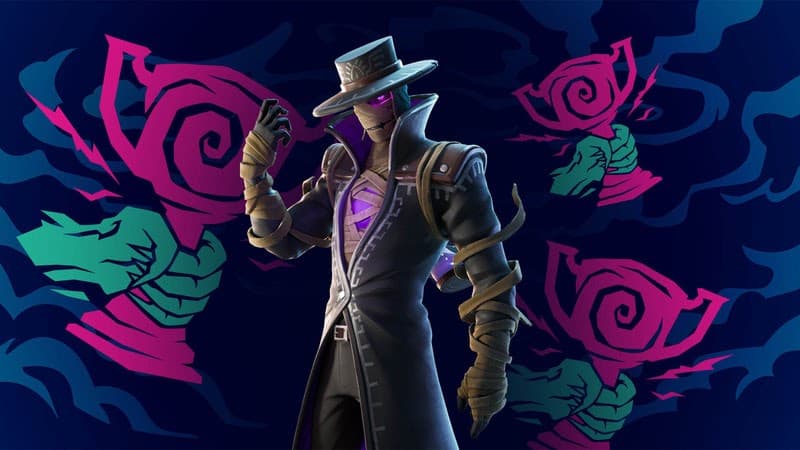 A masked figure in a long coat and a fedora stand menacingly amidst a bunch of sickly hands graspings trophies for the Fortnitemares Cup.