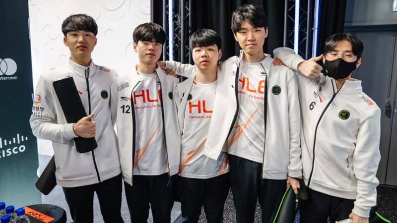 Team Hanwha Life Esports poses back stage at the League of Legends World Championship 2021.