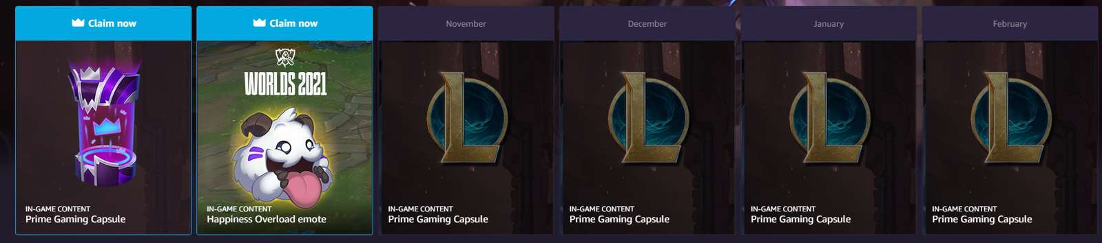 A bar of boxes for each month show current Prime Gaming LoL rewards, with future ones having basic placeholders.