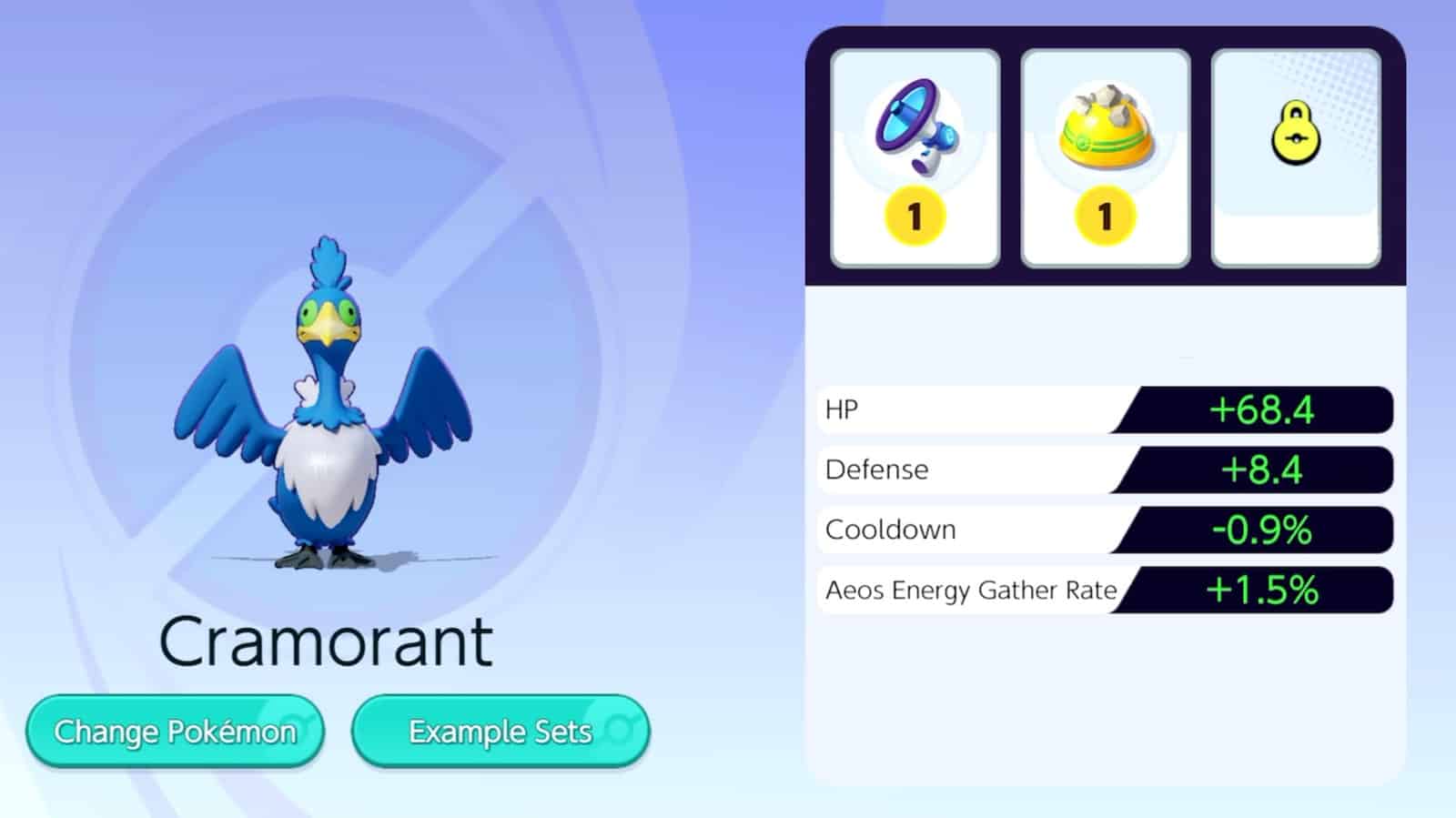 The equip menu for a Camorant shows two items equipped and one slot still to be unlocked