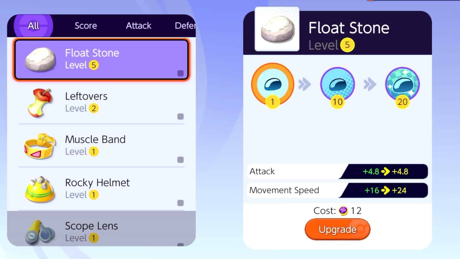 The items upgrade screen, showing the players Float Stone upgrade to 5