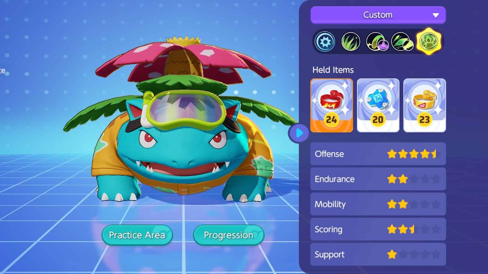 An in-game screen shot of Venusaurs new held item loadout including Focus Band, Buddy Barrier and Muscle Band