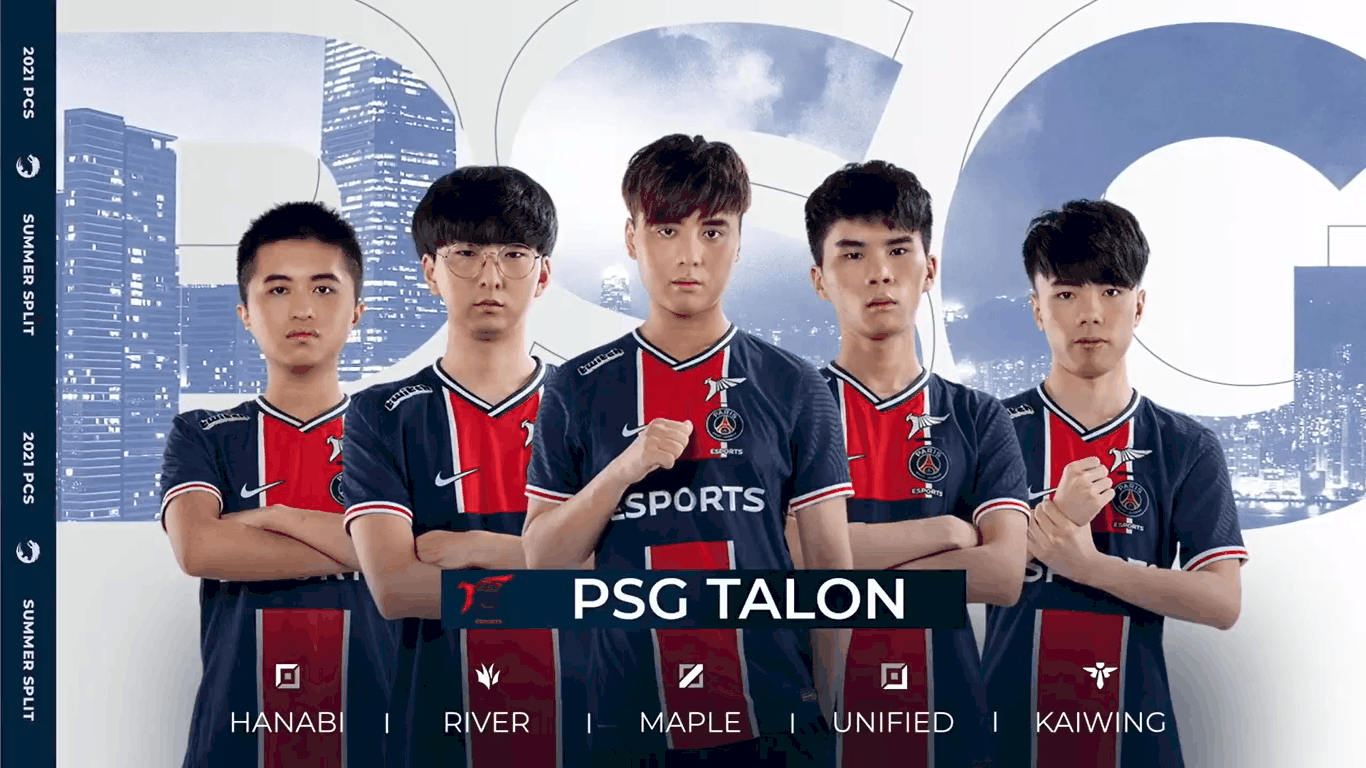 The PSG.Talon LoL team of Hanabi, River, Maple, Unified and Kaiwing appear together in with the letters "PSG" behind them holding cities in them.