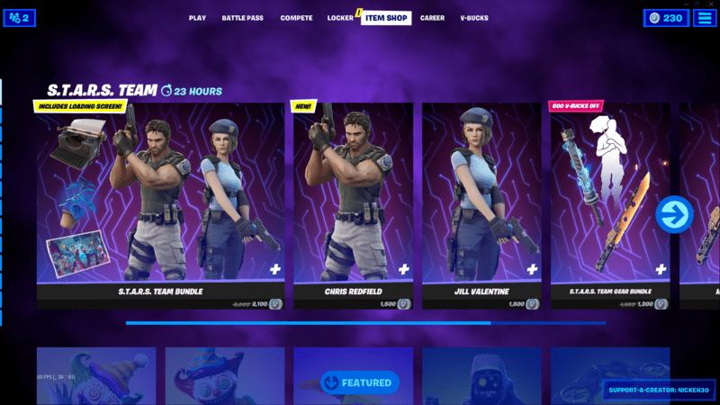 A screenshot from the Fortnite in-game shop showing Resident Evil characters Jill Valentine and Chris Redfield for sale with other cosmetics.