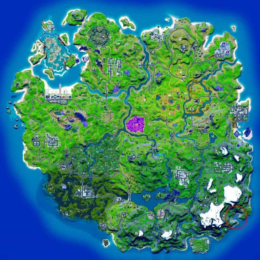 The Fortnite Chapter 2 Season 8 map with a red circle around the location of Shipwreck Cove.