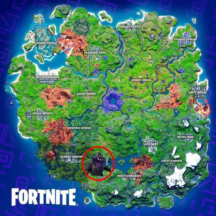 The Fortnite Chapter 2 Season 8 map highlighting the location where a player starts the Sideways Rock Quest.