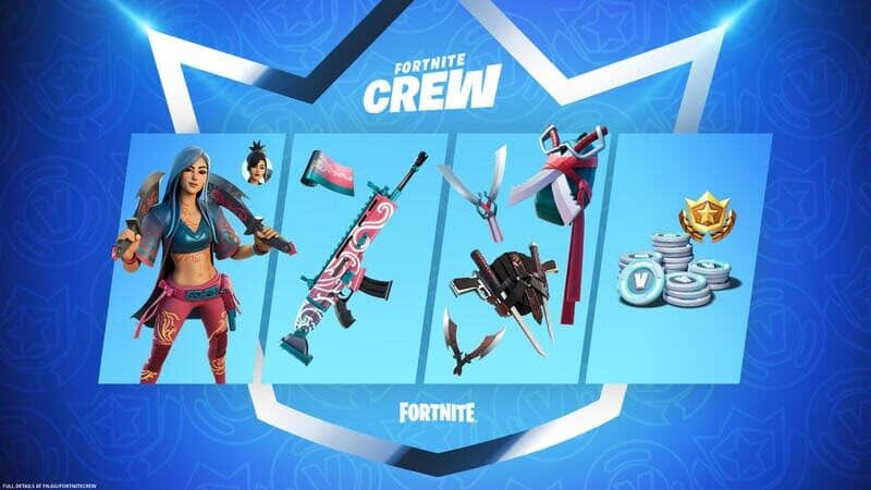 The Fortnite Sierra Stormstepper skin, Vengeance wrap, Sierra's Go Bag Back Bling and V-bucks appear in their own boxes in front of a silver Fortnite Crew crown logo.