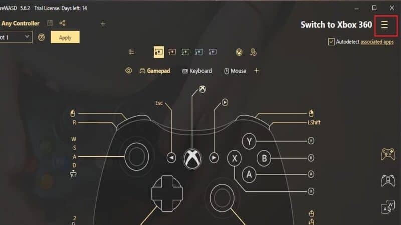 A screenshot of the REWASD controller mapping software, with a red box on the menu.