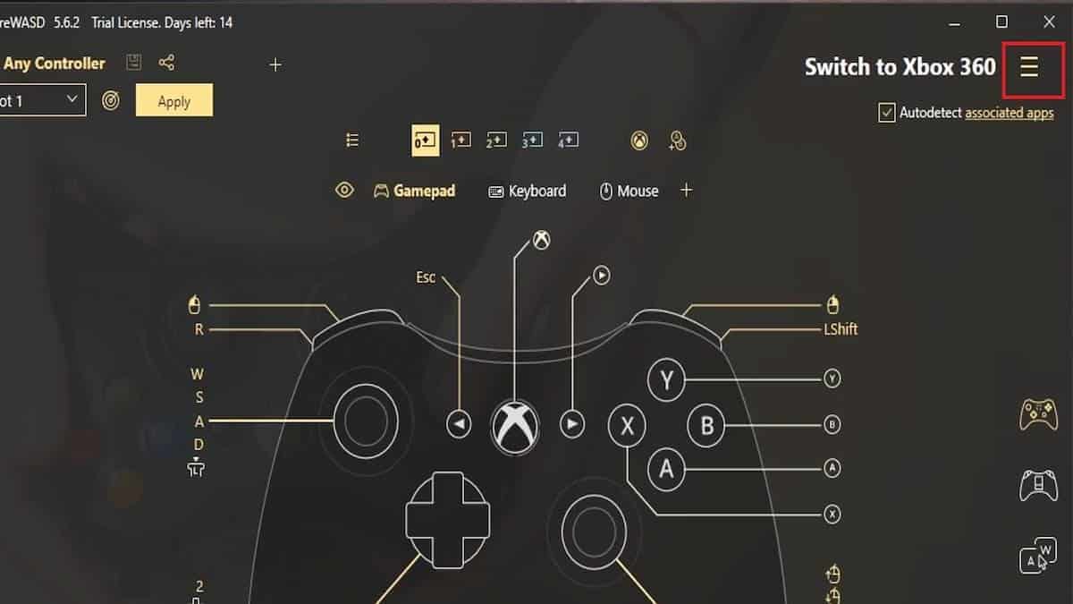 A screenshot of the REWASD controller mapping software, with a red box on the menu.
