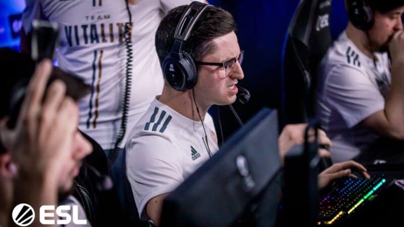 Vitality's Dan "apEX" Madesclaire looks frustrated on stage at a CS:GO event.