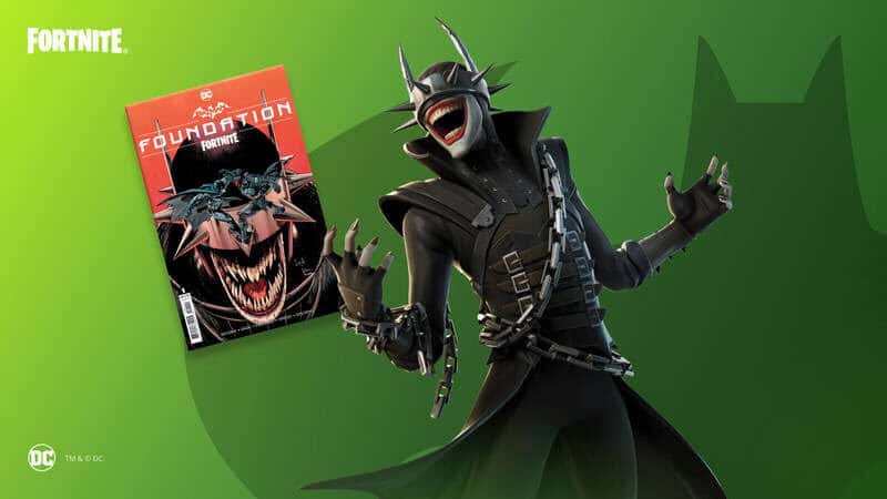 The Who Laughs Fortnite Batman skin appears next to a Foundations comic book on a green background.